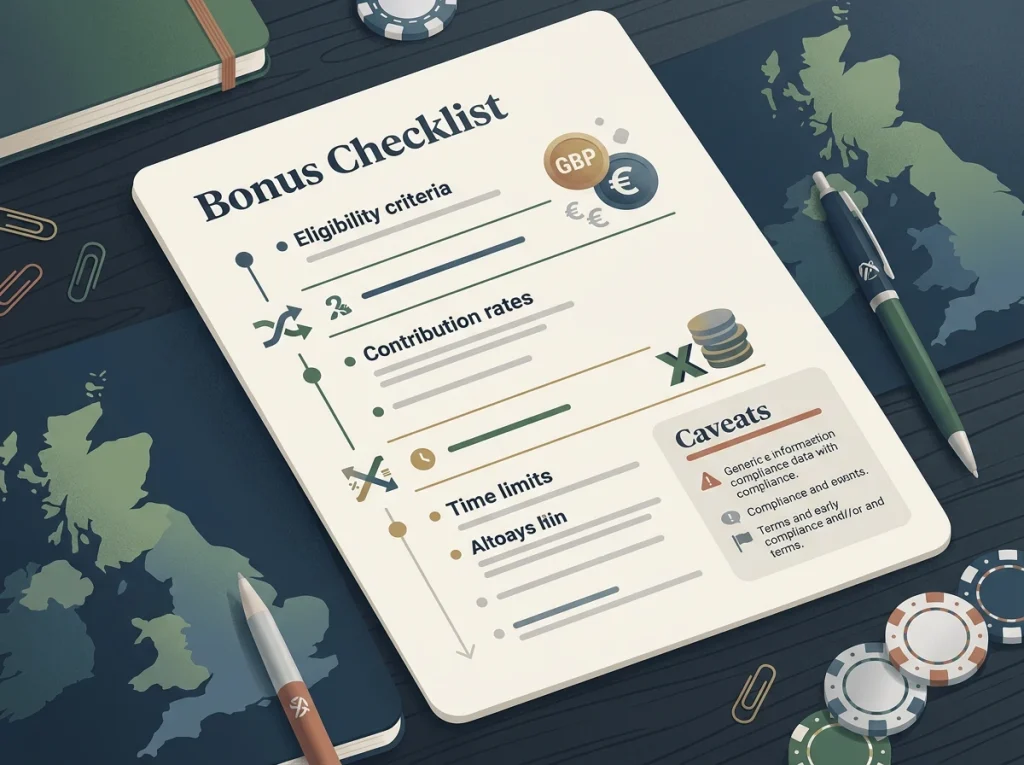 Illustration of a casino bonus checklist with wagering and caveat notes