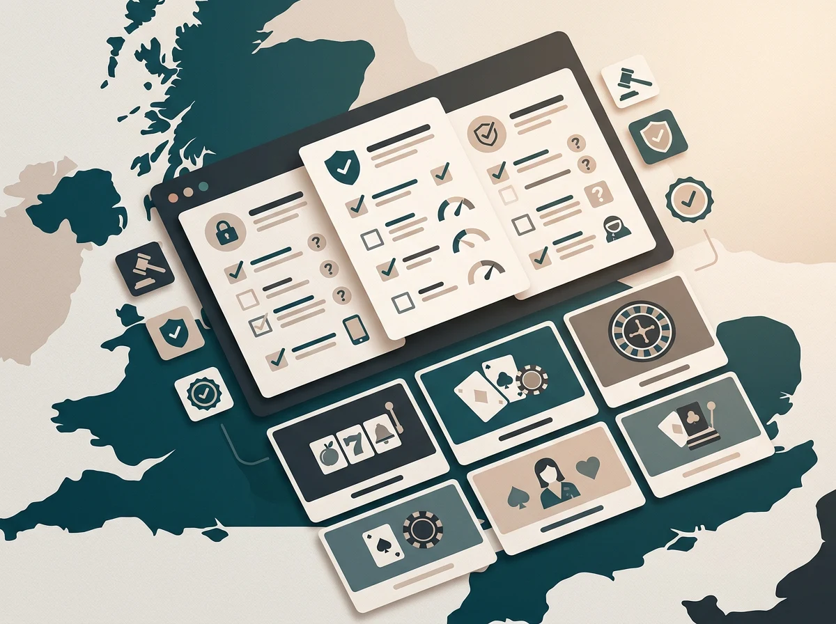 Neutral casino review dashboard with UK context cards and checklist panels