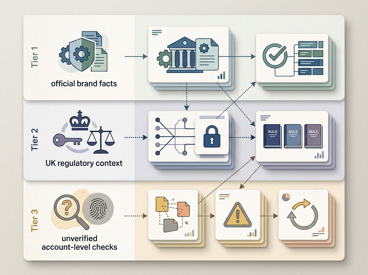 Caveat matrix showing brand facts, UK regulatory context and unverified account checks