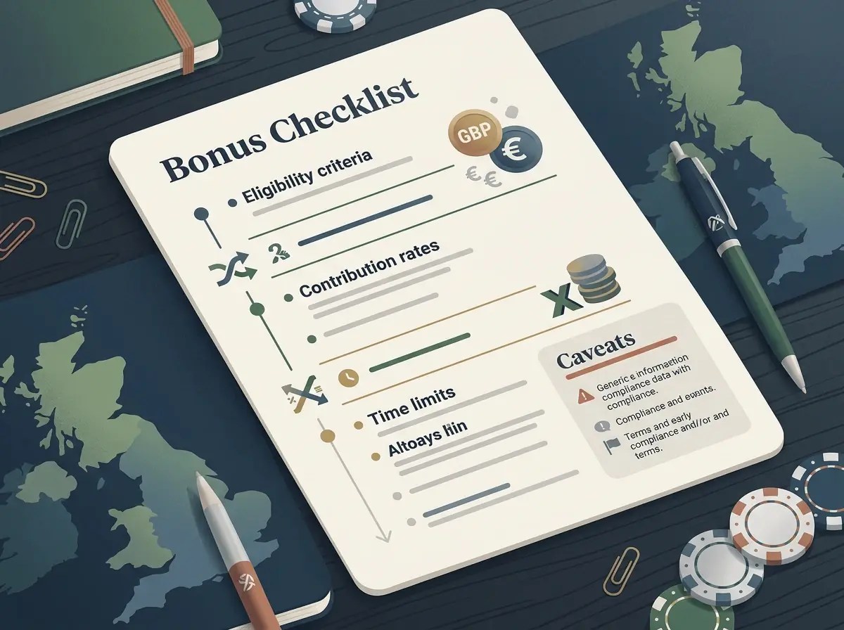 Illustration of a casino bonus checklist with wagering and caveat notes