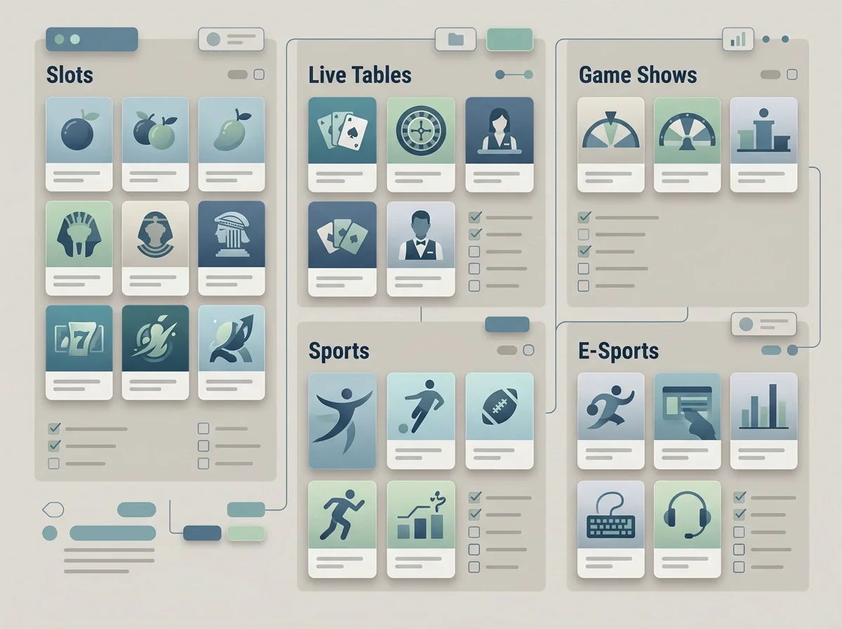 Illustration of a neutral game library map with slots live casino and sports panels