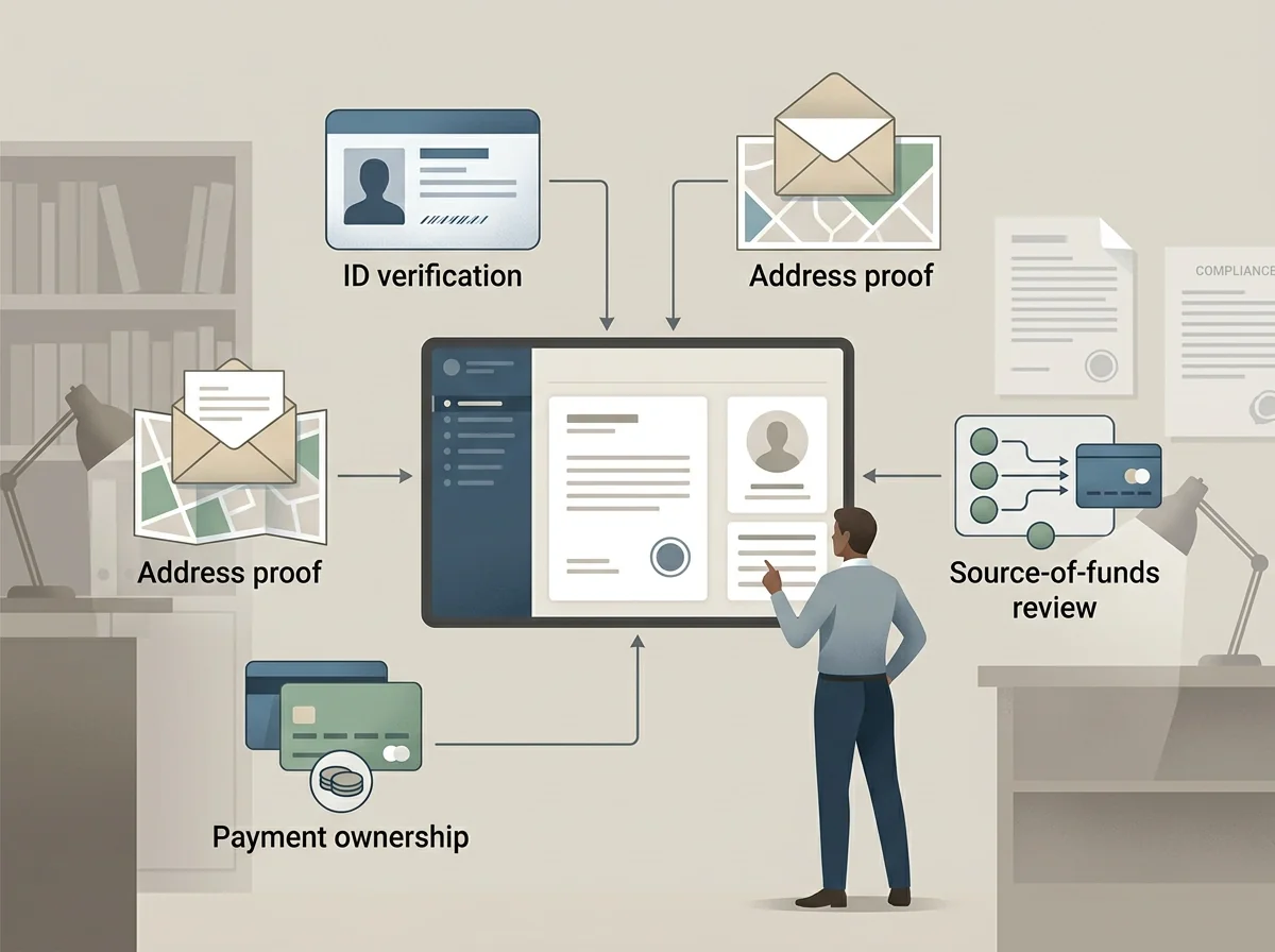 Illustration of a verification checklist with ID, address, payment and source-of-funds icons