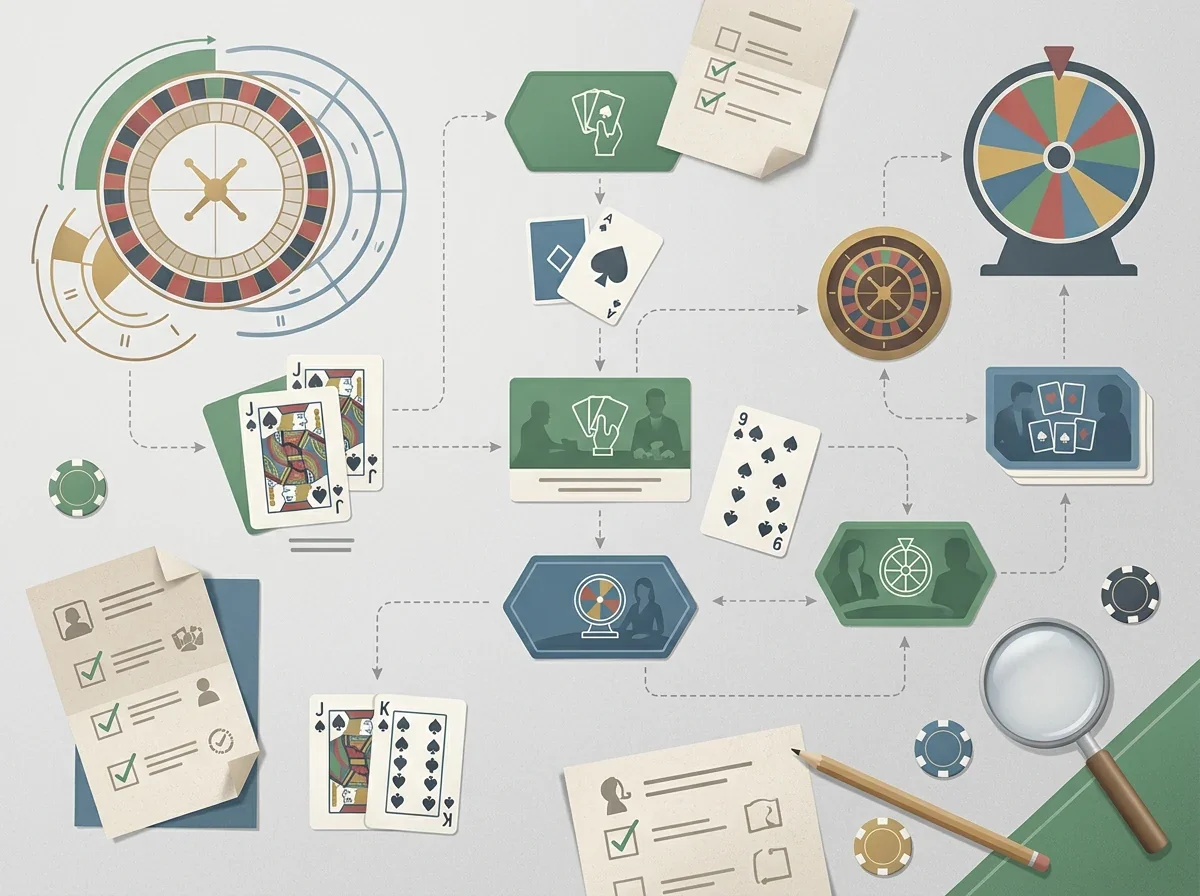 Illustration of a neutral live casino map with roulette blackjack baccarat and game show panels