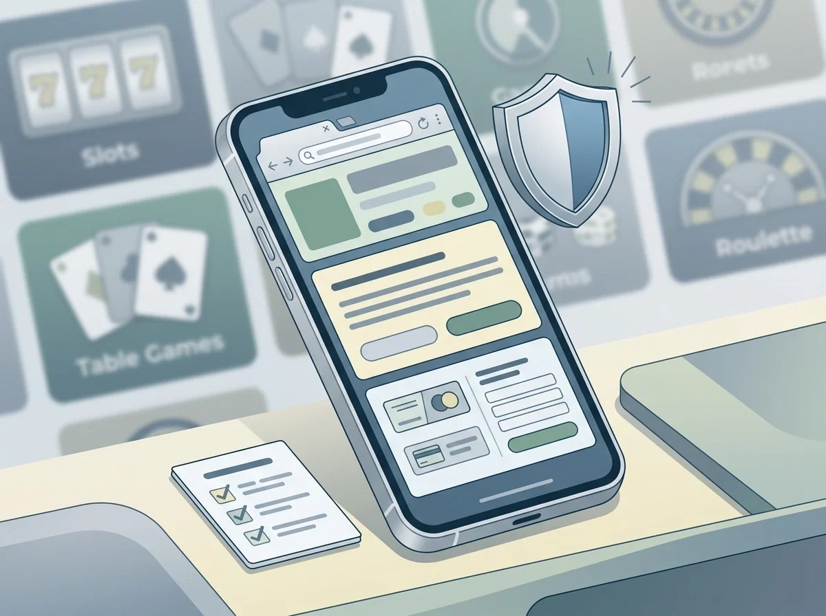 Illustration of a phone browser and app-link checklist for a cautious casino review