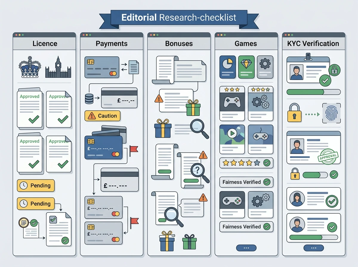 Layered checklist for licence, payments, bonuses, games and KYC review steps