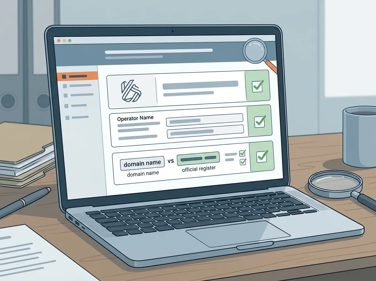 Illustration of an official-register checklist with brand name, operator name and domain fields