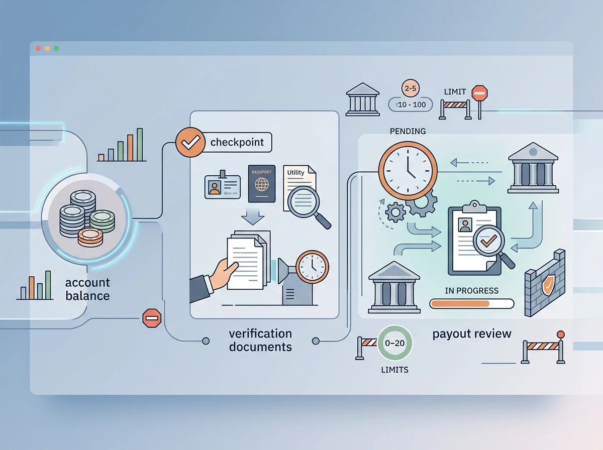 Illustration of a withdrawal flow from balance to verification to payout review